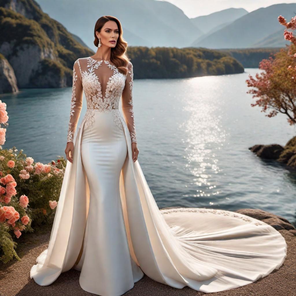  Elegant, long sleeve wedding dress with crystalline, floral patches and a long flowing train. The dress should exude sophistication and grace, suitable for a bridal ceremony. It should be well-fitted and have a romantic and luxurious appearance, incorporating the floral patch details in a subtle yet striking manner. hyperrealistic, full body, detailed clothing, highly detailed, cinematic lighting, stunningly beautiful, intricate, sharp focus, f/1. 8, 85mm, (centered image composition), (professionally color graded), ((bright soft diffused light)), volumetric fog, trending on instagram, trending on tumblr, HDR 4K, 8K