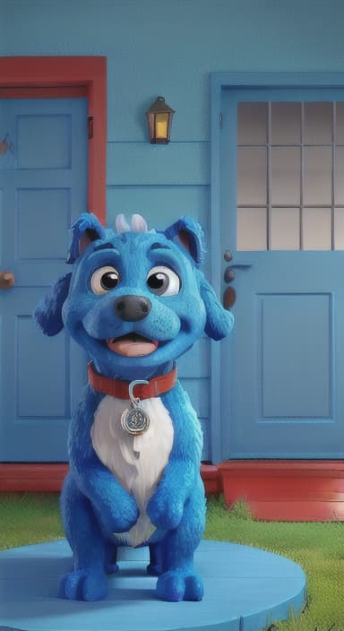  {Max the big blue dog standing in front of a cozy little house with a red door, The big blue dog is large with sky blue fur, big round eyes, a black nose, and floppy ears.