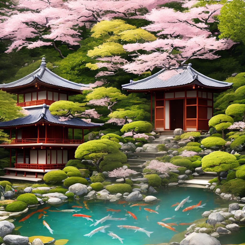  A masterpiece of a beautiful Mitsui landscape painting, with the best quality, 8k resolution, and high detailed, ultra-detailed elements. The main subject of the scene is a serene garden with a traditional Japanese tea house surrounded by cherry blossom trees, (a koi pond) reflecting the vibrant colors. The vibrant cherry blossoms create a breathtaking canopy of pink and white flowers, while the koi fish swim gracefully in the pond. The tea house features intricate wooden architecture and sliding doors adorned with delicate paintings depicting nature scenes. The scene is bathed in soft, golden sunlight, casting warm hues and creating a tranquil atmosphere. hyperrealistic, full body, detailed clothing, highly detailed, cinematic lighting, stunningly beautiful, intricate, sharp focus, f/1. 8, 85mm, (centered image composition), (professionally color graded), ((bright soft diffused light)), volumetric fog, trending on instagram, trending on tumblr, HDR 4K, 8K