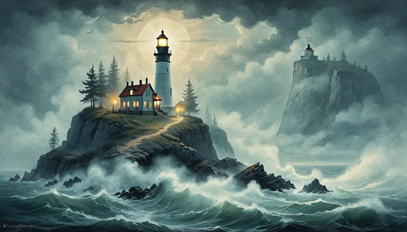  on parchment, surrealism+++, A lighthouse standing firm on a cliff, its beam cutting through fog, embodying the privilege of being a guiding force. Steadfast lighthouse, guiding brilliance, fog pierced by light, rocky foundation, sentinel of hope.(mysterious, provocative, symbolic,muted color)+++