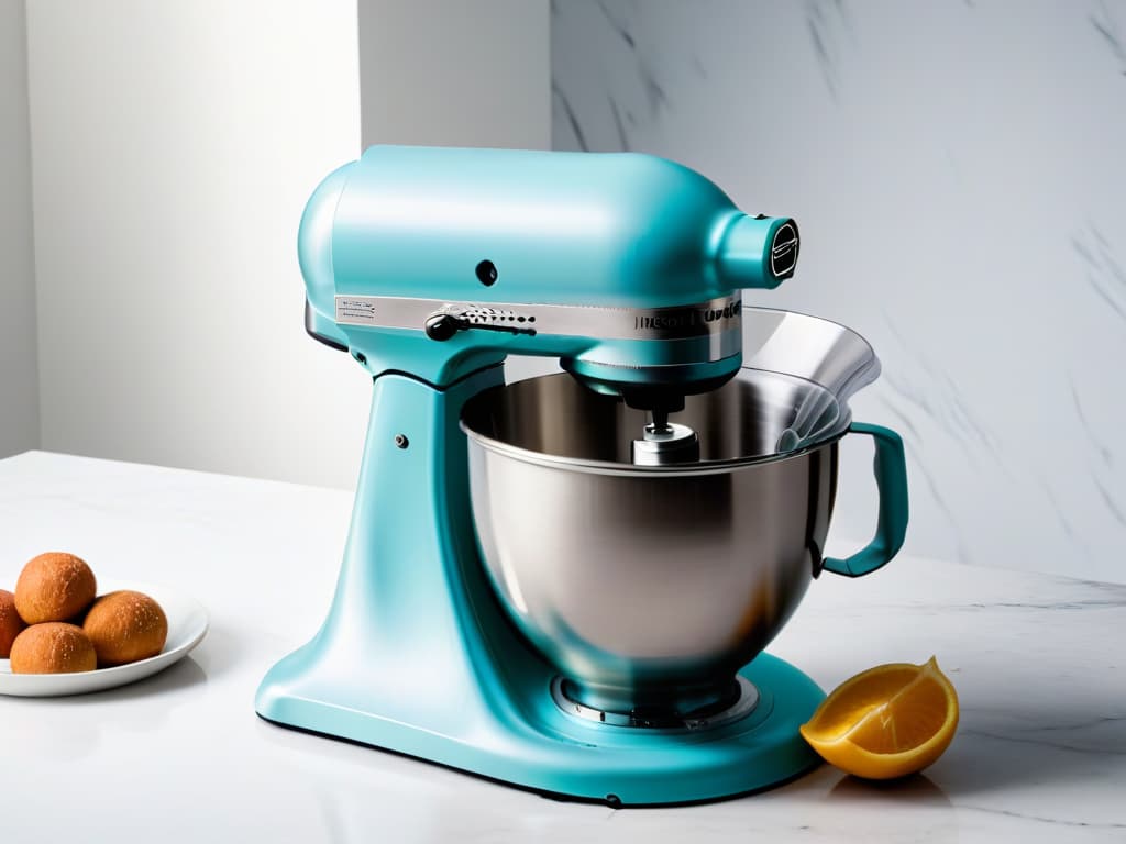  A sleek, minimalist image of a highquality stand mixer on a pristine white marble countertop. The mixer is in a soft, pastel color, with a stainless steel bowl attached. The image captures the elegance and efficiency of the stand mixer, emphasizing its importance in elevating homemade baking. The lighting is soft, creating a warm and inviting ambiance that conveys professionalism and inspiration to the readers. hyperrealistic, full body, detailed clothing, highly detailed, cinematic lighting, stunningly beautiful, intricate, sharp focus, f/1. 8, 85mm, (centered image composition), (professionally color graded), ((bright soft diffused light)), volumetric fog, trending on instagram, trending on tumblr, HDR 4K, 8K