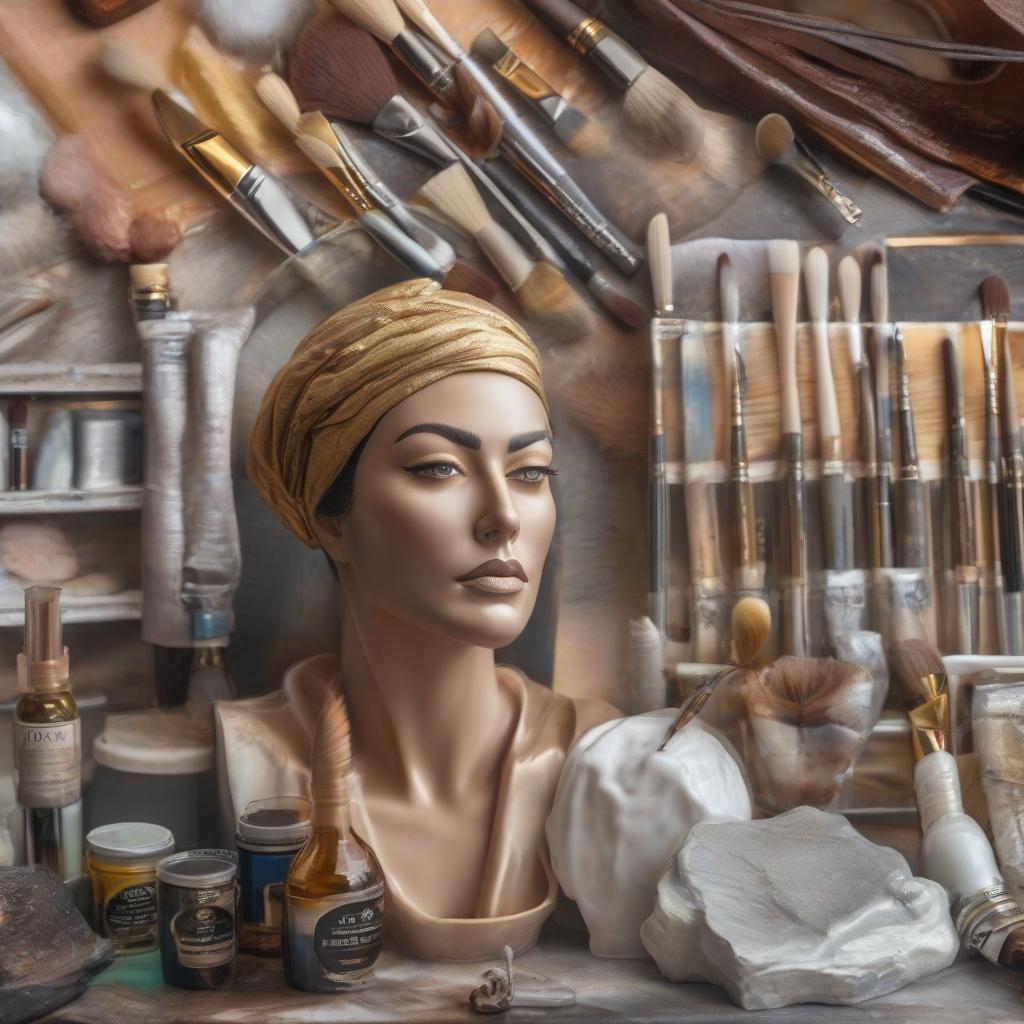  hyperrealism photo realistic brushes and paints banking tools painting repair kits aesthetic hyperrealistic, full body, detailed clothing, highly detailed, cinematic lighting, stunningly beautiful, intricate, sharp focus, f/1. 8, 85mm, (centered image composition), (professionally color graded), ((bright soft diffused light)), volumetric fog, trending on instagram, trending on tumblr, HDR 4K, 8K