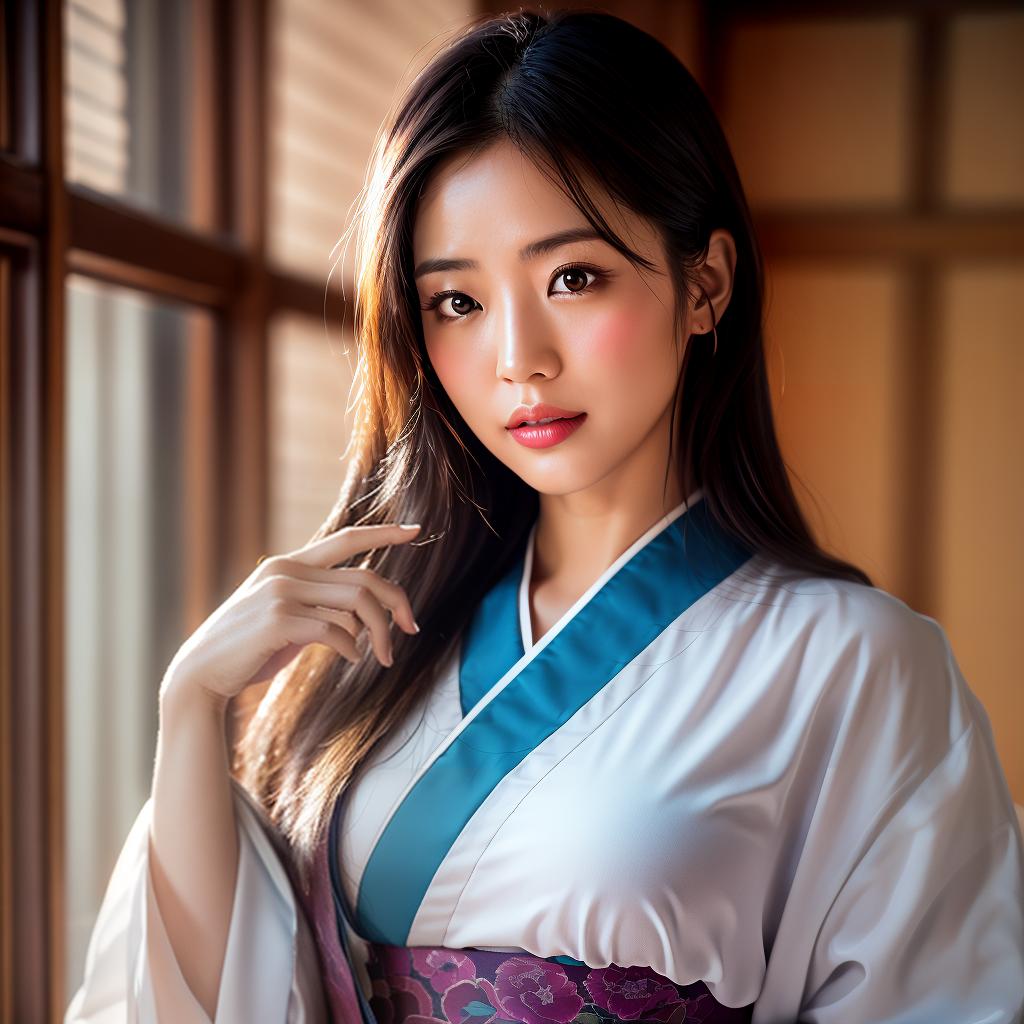  (masterpiece:1.3), (8k, photorealistic, photo, best quality: 1.4), (Japanese woman wearing clothes:),(realistic face), realistic eyes, (realistic skin), beautiful skin, kimono, (perfect body:1.3), (detailed body:1.2), hyperrealistic, full body, detailed clothing, highly detailed, cinematic lighting, stunningly beautiful, intricate, sharp focus, f/1. 8, 85mm, (centered image composition), (professionally color graded), ((bright soft diffused light)), volumetric fog, trending on instagram, trending on tumblr, HDR 4K, 8K