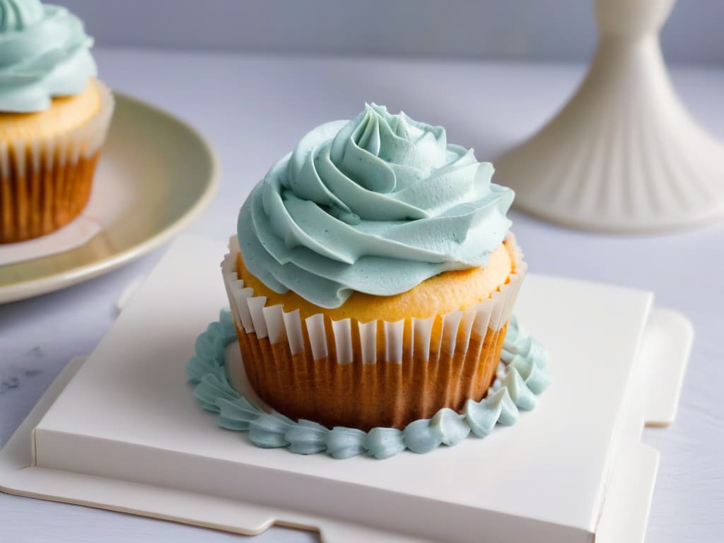  A minimalist image of a perfectly frosted vegan cupcake, topped with a delicate, intricate swirl of dairyfree frosting in a soft pastel hue. The cupcake sits on a sleek, modern plate against a clean, crisp backdrop, emphasizing the flawless texture and artful presentation of the plantbased treat. hyperrealistic, full body, detailed clothing, highly detailed, cinematic lighting, stunningly beautiful, intricate, sharp focus, f/1. 8, 85mm, (centered image composition), (professionally color graded), ((bright soft diffused light)), volumetric fog, trending on instagram, trending on tumblr, HDR 4K, 8K