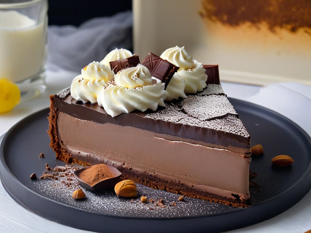  An ultradetailed, minimalist closeup image of a decadent Mississippi Mud Pie slice on a sleek black plate, showcasing rich layers of chocolate, creamy filling, and a dusting of cocoa powder, with a dollop of whipped cream elegantly placed on top. The pie sits on a marble countertop, with subtle natural light illuminating its glossy surface, highlighting its indulgent texture and inviting presentation. hyperrealistic, full body, detailed clothing, highly detailed, cinematic lighting, stunningly beautiful, intricate, sharp focus, f/1. 8, 85mm, (centered image composition), (professionally color graded), ((bright soft diffused light)), volumetric fog, trending on instagram, trending on tumblr, HDR 4K, 8K