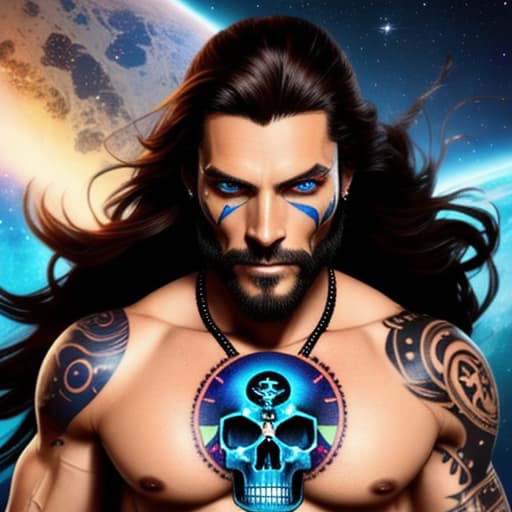  space pirate. Latin origin. Long brown hair. Blue eyes. Skull tattoo. Cybernetic left eye. No beard. Amused look. Ugly man.