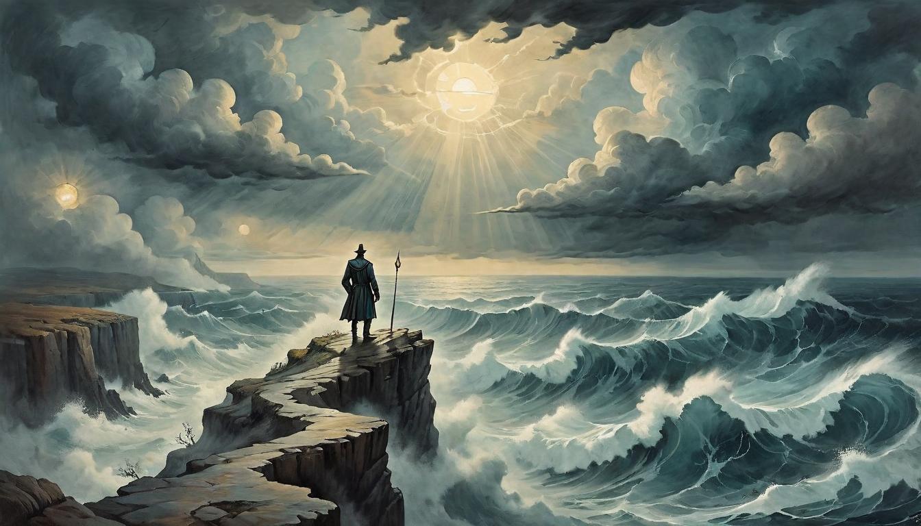  on parchment, surrealism+++, Figure standing on a cliff edge, looking out over a vast, turbulent sea, storm clouds parting to reveal sunlight, triumph, resilience, transcendence(mysterious, provocative, symbolic,muted color)+++