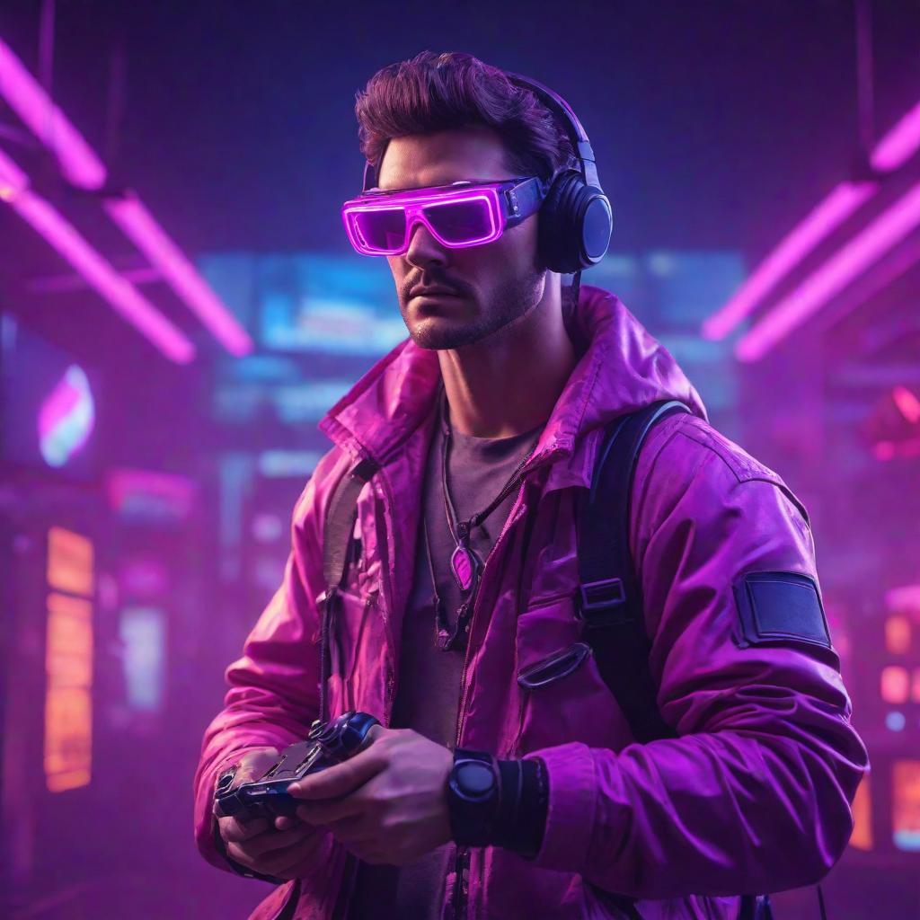  gamer man in ar glasses, retro style, neon pink and violet colors, interested, gripped with game, action, cute, hyper detail, full HD hyperrealistic, full body, detailed clothing, highly detailed, cinematic lighting, stunningly beautiful, intricate, sharp focus, f/1. 8, 85mm, (centered image composition), (professionally color graded), ((bright soft diffused light)), volumetric fog, trending on instagram, trending on tumblr, HDR 4K, 8K
