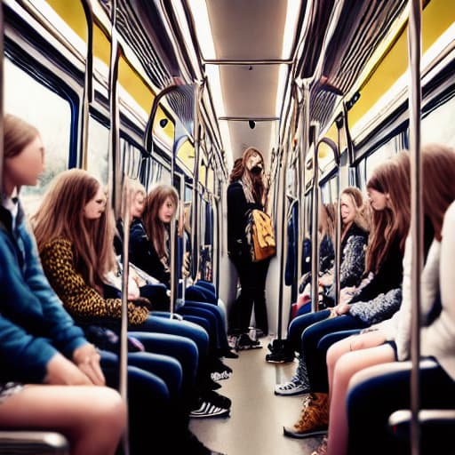 modelshoot style Teenager, crowded tram interior, tired people traveling through the night, teenagers arguing.