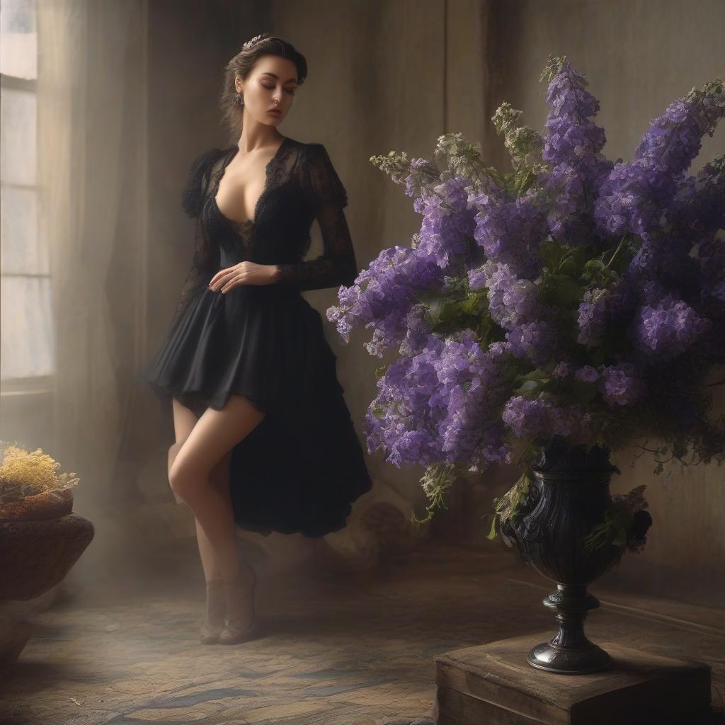  Sad beauty in a black dress with a bouquet of violets in the 2000s. hyperrealistic, full body, detailed clothing, highly detailed, cinematic lighting, stunningly beautiful, intricate, sharp focus, f/1. 8, 85mm, (centered image composition), (professionally color graded), ((bright soft diffused light)), volumetric fog, trending on instagram, trending on tumblr, HDR 4K, 8K