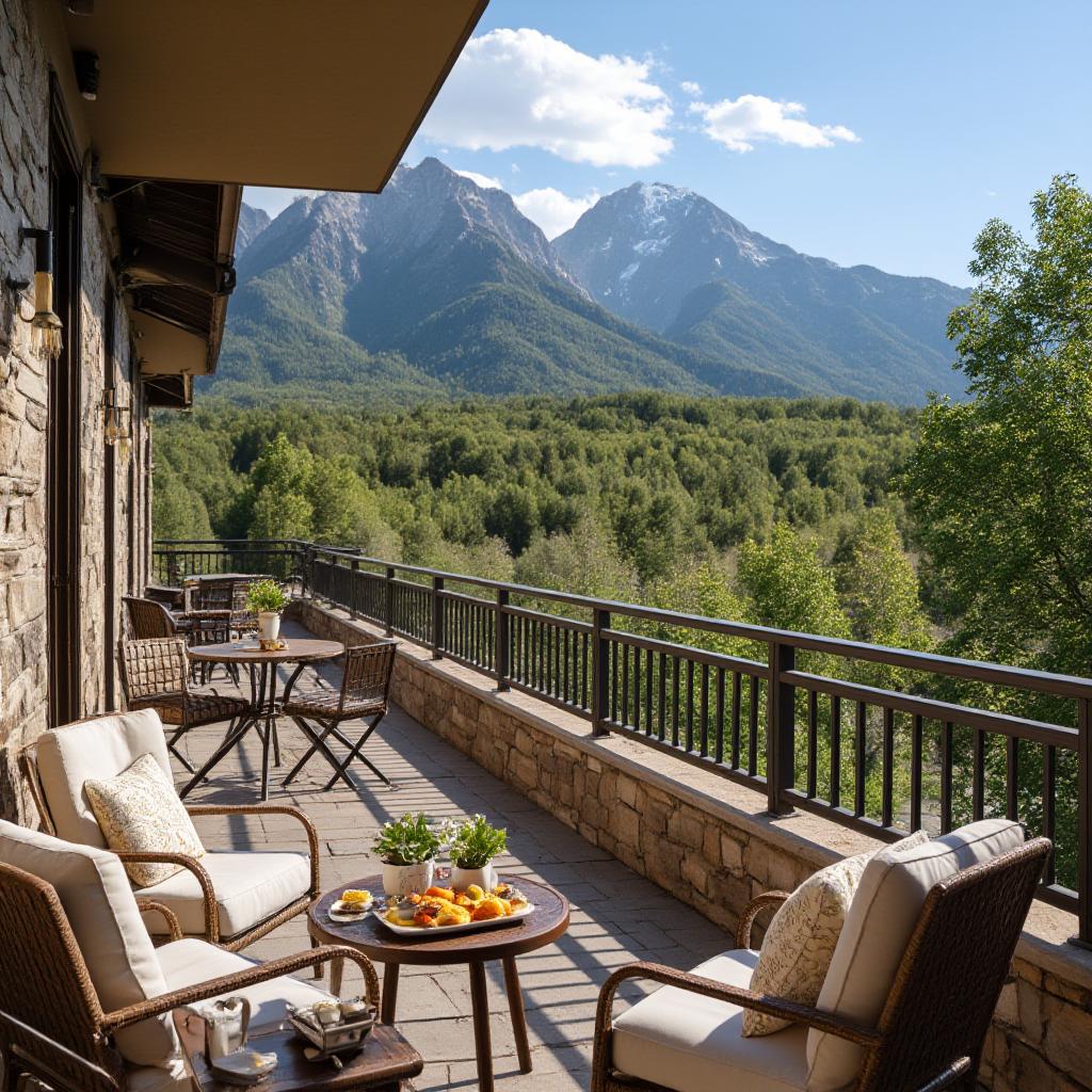  close up of a luxurious hotel balcony overlooking a stunning wyoming landscape. the balcony features elegant outdoor furniture with plush cushions, a small table set with a gourmet breakfast, and a vase of fresh flowers. the background showcases majestic mountains, lush greenery, and a clear blue sky. the image should have a warm, inviting atmosphere with natural sunlight casting soft shadows. use high quality, photorealistic style to emphasize the opulence and tranquility of the setting.ensure all images are clear, detailed, contains no text and no deformities. realistic, highly detailed, photorealistic, cinematic lighting, intricate, sharp focus, f/1.8, 85mm, (centered image composition), (professionally color graded), ((bright soft diffu