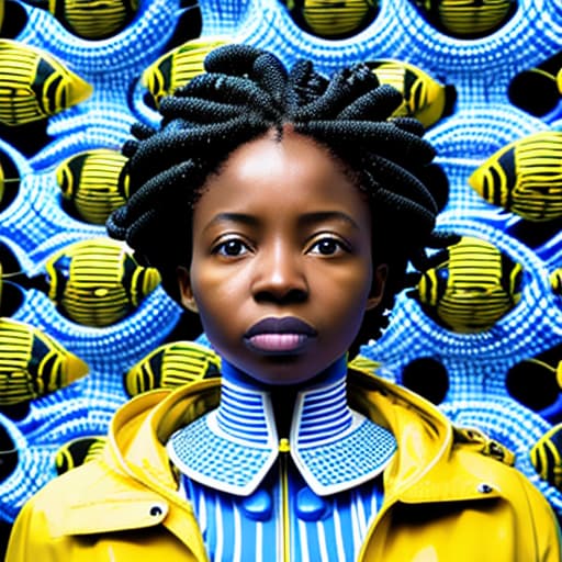  an African women in a yellow raincoat surrounded by blue and white striped robotic fishes, stable diffusion, absolute reality v1.6, perfect symmetry, photo realistic raw, in the style of hr giger and wes anderson colour palette