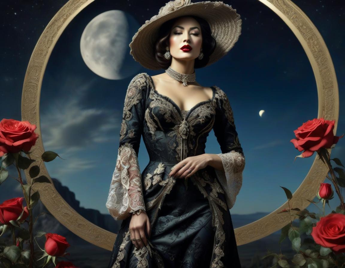  surrealist art An elaborate digital artwork of a woman in vintage attire with roses and a lunar backdrop. . dreamlike, mysterious, provocative, symbolic, intricate, detailed hyperrealistic, full body, detailed clothing, highly detailed, cinematic lighting, stunningly beautiful, intricate, sharp focus, f/1. 8, 85mm, (centered image composition), (professionally color graded), ((bright soft diffused light)), volumetric fog, trending on instagram, trending on tumblr, HDR 4K, 8K