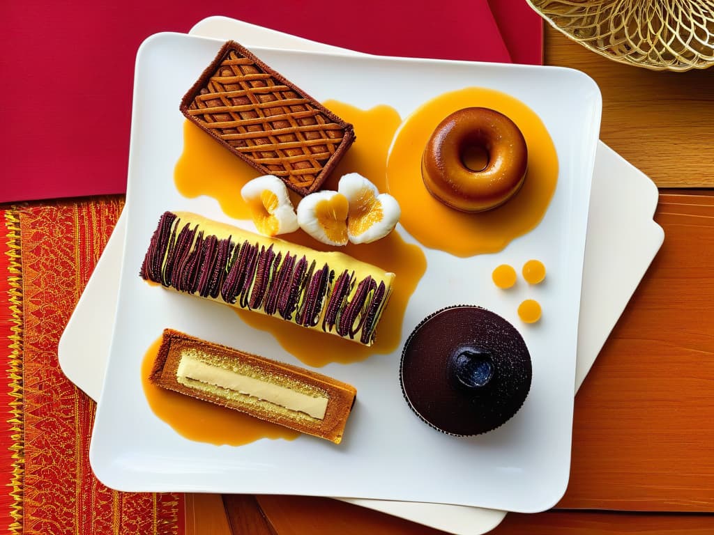  An ultradetailed image of a beautifully plated array of traditional and modern African desserts, showcasing vibrant colors and intricate designs that represent the rich culinary heritage of Africa. The desserts include a decadent slice of South African milk tart, a delicate Moroccan almond pastry, a colorful Nigerian puff puff, a creamy Tanzanian coconut sweet, and a modern fusion dessert blending traditional flavors with a contemporary twist. Each dessert is elegantly presented on a sleek, minimalist white plate, enhancing the visual appeal and inviting readers to explore the diverse world of African sweets. hyperrealistic, full body, detailed clothing, highly detailed, cinematic lighting, stunningly beautiful, intricate, sharp focus, f/1. 8, 85mm, (centered image composition), (professionally color graded), ((bright soft diffused light)), volumetric fog, trending on instagram, trending on tumblr, HDR 4K, 8K