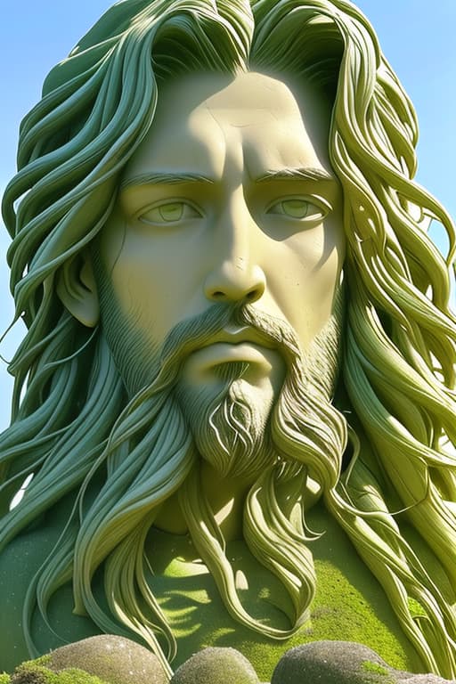  The image shows a a few of people standing on a beach in front of a large, stone head sculpture. The sculpture is of a bearded and Face Like Jesus Chris with long hair and is covered in moss with natural green color background. The people are looking at the sculpture in awe.