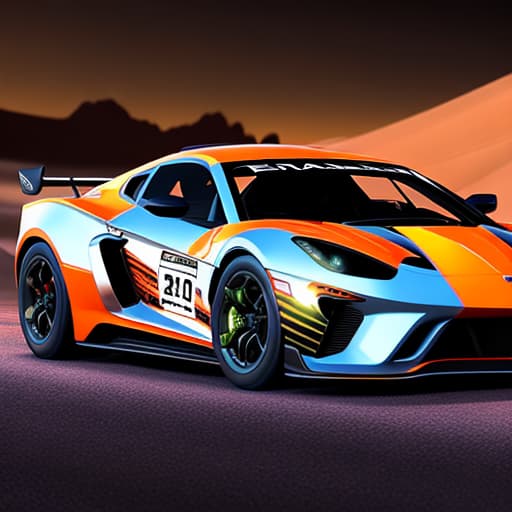  extremely realistic, sophisticated sharp 8k colorful photo of fast sport car run in the desert place, at night, denoise, insanely illustrated, meticuly detailed, elegantly decorated with logo, cinemat