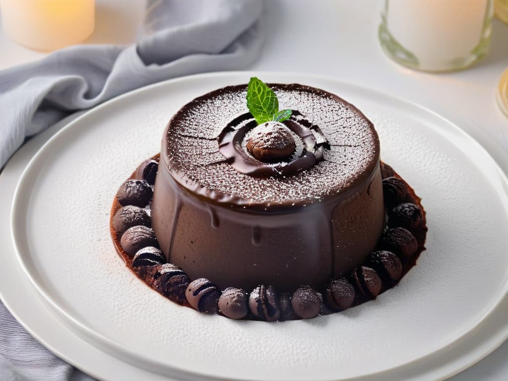  A highresolution, minimalist image of a decadent dark chocolate lava cake oozing with rich molten chocolate, topped with a dusting of cocoa powder and a delicate sprig of fresh mint on a sleek, modern white plate. The focus is on the glossy texture of the chocolate lava against the clean, minimalist background, evoking a sense of luxury and indulgence. hyperrealistic, full body, detailed clothing, highly detailed, cinematic lighting, stunningly beautiful, intricate, sharp focus, f/1. 8, 85mm, (centered image composition), (professionally color graded), ((bright soft diffused light)), volumetric fog, trending on instagram, trending on tumblr, HDR 4K, 8K