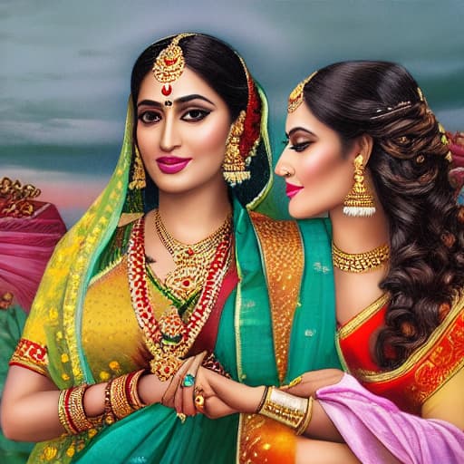  Radha and rukmani's quarrel hyperrealistic, full body, detailed clothing, highly detailed, cinematic lighting, stunningly beautiful, intricate, sharp focus, f/1. 8, 85mm, (centered image composition), (professionally color graded), ((bright soft diffused light)), volumetric fog, trending on instagram, trending on tumblr, HDR 4K, 8K