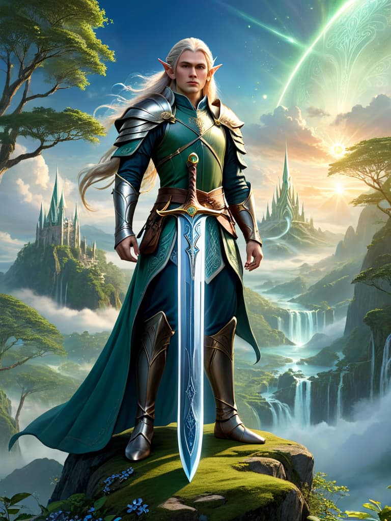  masterpiece, best quality, official art, extremely detailed cg 8k, ethereal fantasy concept art of the sword of the elven king . magnificent, celestial, ethereal, painterly, epic, majestic, magical, fantasy art, cover art, dreamy