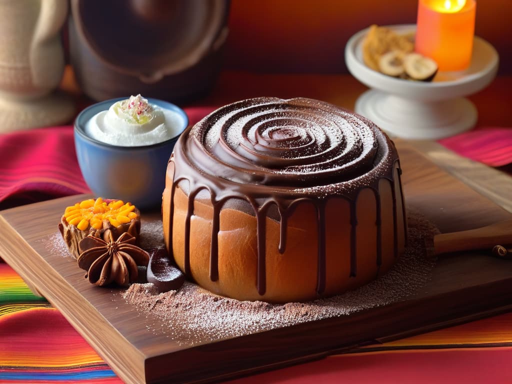  An ultradetailed image of a traditional Mexican concha (sweet bread) beautifully decorated with colorful sugar toppings, set on a rustic wooden table with a handcrafted clay mug of champurrado (Mexican hot chocolate) beside it. The concha is intricately detailed, showcasing the traditional spiral pattern on top, while the champurrado emanates steam, creating a cozy and inviting atmosphere. The lighting is soft, highlighting the textures of the concha and the richness of the champurrado, making the viewer almost able to smell the warm, sweet aromas of the Mexican delicacies. hyperrealistic, full body, detailed clothing, highly detailed, cinematic lighting, stunningly beautiful, intricate, sharp focus, f/1. 8, 85mm, (centered image composition), (professionally color graded), ((bright soft diffused light)), volumetric fog, trending on instagram, trending on tumblr, HDR 4K, 8K