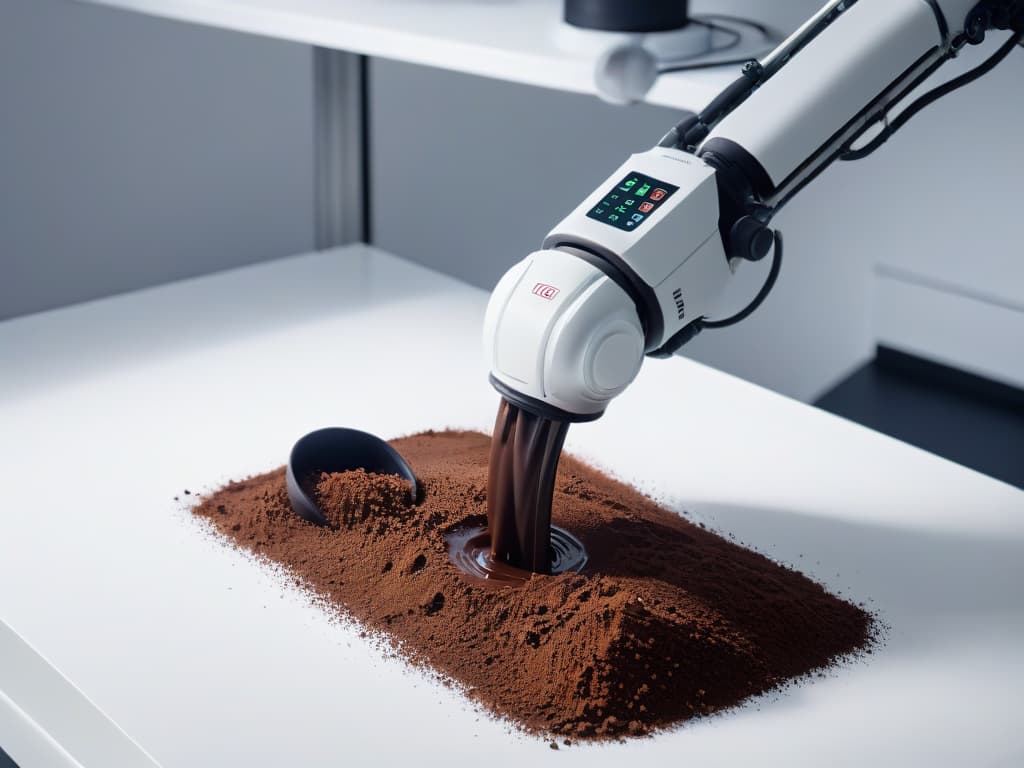  An ultradetailed 8k image of a sleek, futuristic robotic arm delicately and precisely tempering liquid chocolate into intricate molds, set against a clean, white background. The robotic arm's intricate components and the smooth, glossy texture of the chocolate create a visually captivating and minimalist composition, perfectly encapsulating the precision and innovation of robotic technology in chocolate tempering. hyperrealistic, full body, detailed clothing, highly detailed, cinematic lighting, stunningly beautiful, intricate, sharp focus, f/1. 8, 85mm, (centered image composition), (professionally color graded), ((bright soft diffused light)), volumetric fog, trending on instagram, trending on tumblr, HDR 4K, 8K