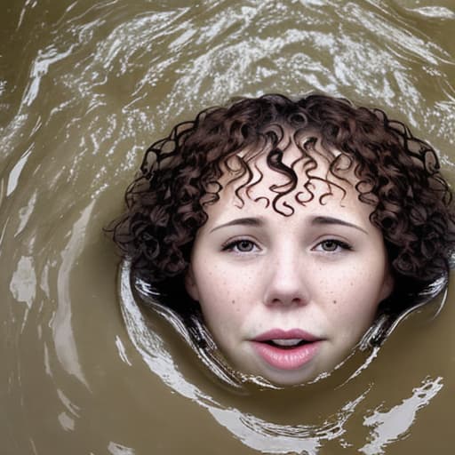  woman's face with short and curly hair drowning in the river