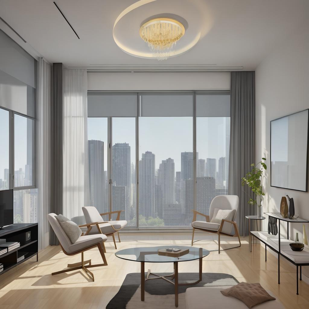  masterpiece, best quality, best quality, masterpiece, 8k resolution, high resolution apartment Living room concept art with floor-to-ceiling windows and modern furniture