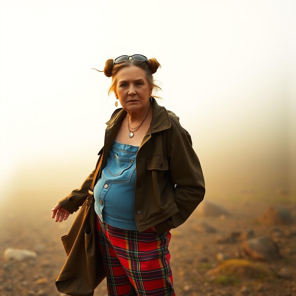  this editorial photography features a non binary senior with brunette hair styled in double buns. they are dressed in a bohemian outfit, complemented by combat boots and a tote bag as an accessory. the photo is captured using a leica sl2, known for its premium build and quality output, with a prime 35mm f/1.8 lens. the film used is cinestill 800t to enhance the foggy lighting ambiance, creating an intriguing visual texture.