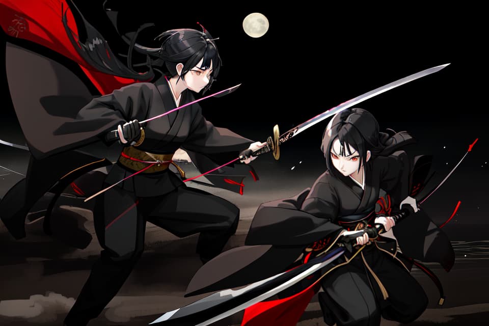  One, one , black kimono, black hair, black eyes, Japanese swords, long swords, hips, hold a sword, night, moon, serious expression, cooling face , Glowing eyes, small s, slender, imminent, running, cutting, riding, sprinting, stepping in, dust, wind, slashing