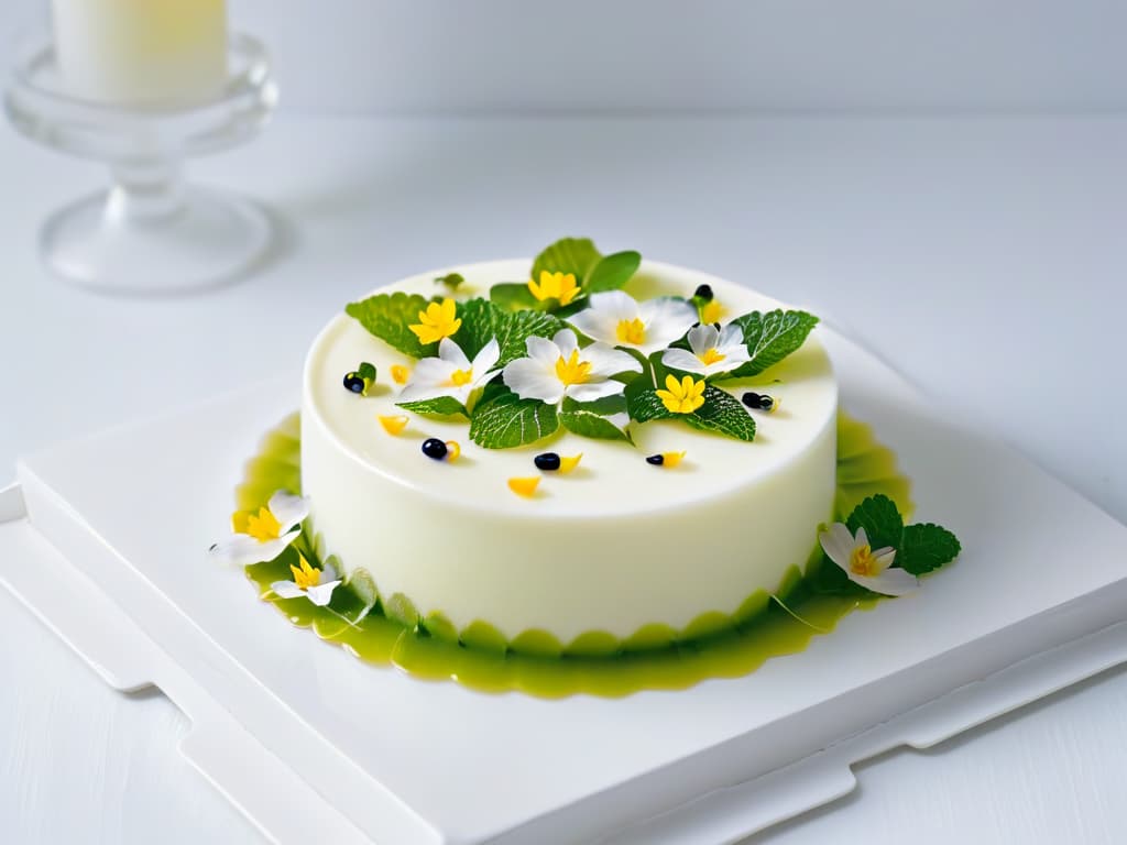  A closeup, highresolution image of a delicate, translucent gelatin dessert elegantly adorned with colorful edible flowers, sitting on a pristine white plate. The gelatin is artfully garnished with tiny mint leaves and delicate flower petals, showcasing a visually stunning and sophisticated dessert presentation that embodies elegance and culinary artistry. hyperrealistic, full body, detailed clothing, highly detailed, cinematic lighting, stunningly beautiful, intricate, sharp focus, f/1. 8, 85mm, (centered image composition), (professionally color graded), ((bright soft diffused light)), volumetric fog, trending on instagram, trending on tumblr, HDR 4K, 8K