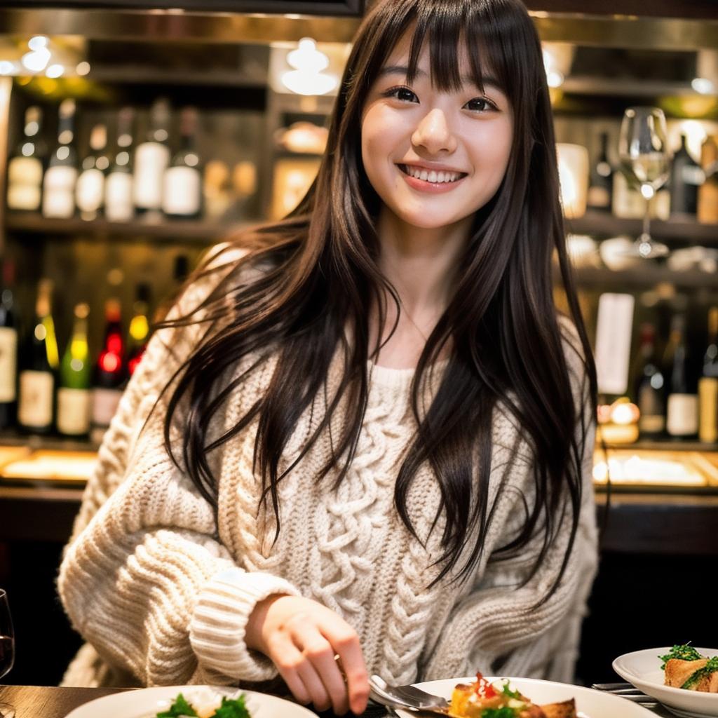  a realistic photo of a young Japanese woman, aged 25, with long dark brown hair with bangs and black eyes, 160cm tall, smiling, wearing white knitwear, at a dark and atmospheric luxurious French restaurant, dinner dishes, wine glass