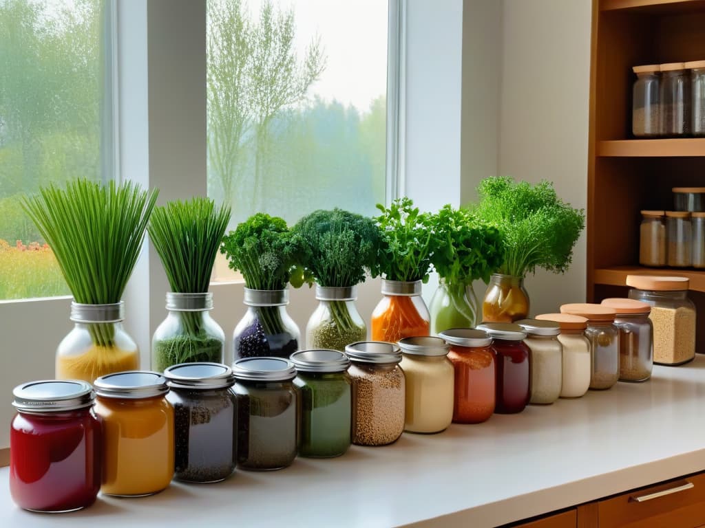  An 8k ultradetailed image of a sleek, modern kitchen countertop adorned with a variety of organic alternative flours in glass jars, neatly arranged along with fresh herbs and colorful vegetables. The natural light streaming in through a nearby window highlights the textures and earthy tones of the ingredients, creating a visually appealing and inviting scene for vegan cooking enthusiasts. hyperrealistic, full body, detailed clothing, highly detailed, cinematic lighting, stunningly beautiful, intricate, sharp focus, f/1. 8, 85mm, (centered image composition), (professionally color graded), ((bright soft diffused light)), volumetric fog, trending on instagram, trending on tumblr, HDR 4K, 8K