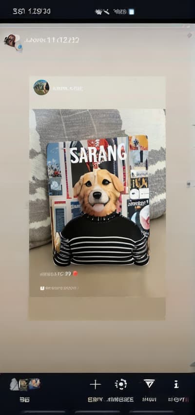  ultra high resolution, 4K image,masterpiece,best_quality,detailed eyes,(pixar style:1.2),(cartoon character,funny),a phone screen shows a picture of a dog wearing a sweater that says sarang