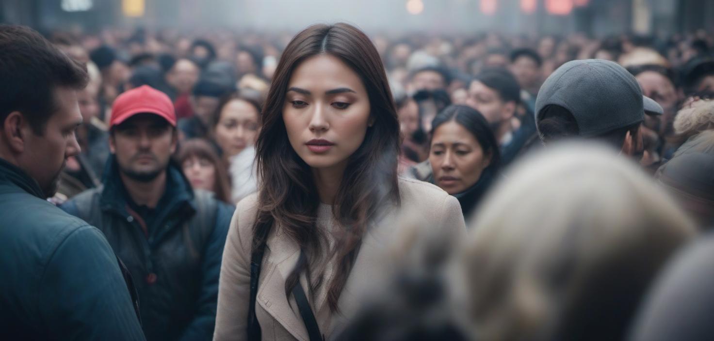  A girl is standing in the middle of a crowded group of people, with their eyes closed. hyperrealistic, full body, detailed clothing, highly detailed, cinematic lighting, stunningly beautiful, intricate, sharp focus, f/1. 8, 85mm, (centered image composition), (professionally color graded), ((bright soft diffused light)), volumetric fog, trending on instagram, trending on tumblr, HDR 4K, 8K