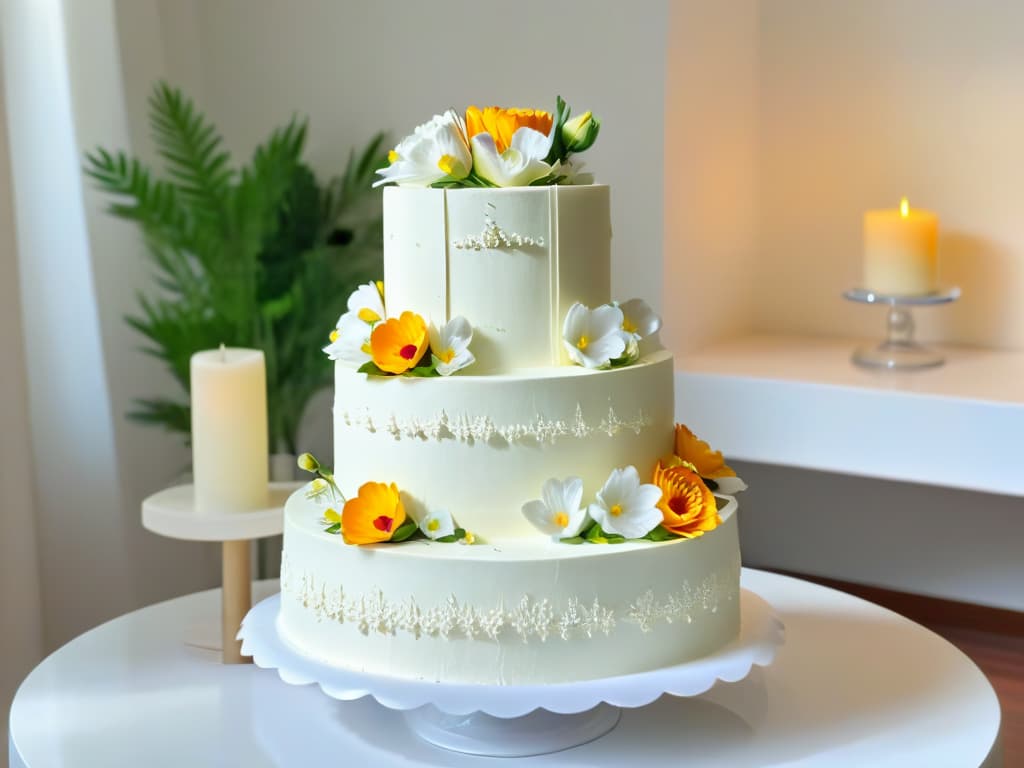  A photorealistic image showcasing a beautifully intricate wedding cake created entirely using 3D printing technology, featuring delicate edible lace details, intricate floral decorations, and a stunning tiered design. The cake is displayed on a sleek, modern dessert table against a backdrop of lush greenery and soft candlelight, exuding an elegant and sustainable approach to pastry artistry. hyperrealistic, full body, detailed clothing, highly detailed, cinematic lighting, stunningly beautiful, intricate, sharp focus, f/1. 8, 85mm, (centered image composition), (professionally color graded), ((bright soft diffused light)), volumetric fog, trending on instagram, trending on tumblr, HDR 4K, 8K