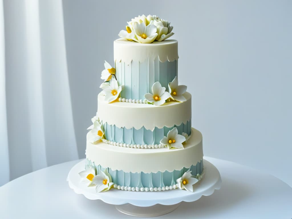  A minimalistic and elegant image of a beautifully decorated tiered cake, featuring intricate piping details, delicate sugar flowers, and shimmering edible pearls. The cake is displayed on a sleek white pedestal against a soft, blurred background, highlighting the exquisite craftsmanship and artistry of online pastry certification. hyperrealistic, full body, detailed clothing, highly detailed, cinematic lighting, stunningly beautiful, intricate, sharp focus, f/1. 8, 85mm, (centered image composition), (professionally color graded), ((bright soft diffused light)), volumetric fog, trending on instagram, trending on tumblr, HDR 4K, 8K