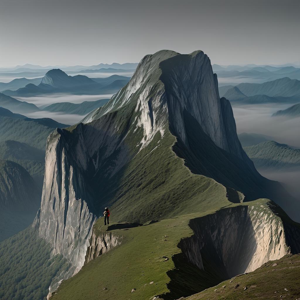  A lonely man stands on the edge of a cliff overlooking a vast and dangerous mountain range. The man is dressed in rough climbing gear, his face and body covered with dirt and sweat. The environment is characterized by jagged peaks, deep valleys, and a layer of fog. The mood is firmness and awe as one contemplates the challenges ahead. Style is a realistic photograph that captures the raw beauty and harshness of nature. The light is soft and diffuse, casting long shadows that add depth to the landscape. This cue is achieved with high-resolution cameras that capture every detail and texture of the landscape.