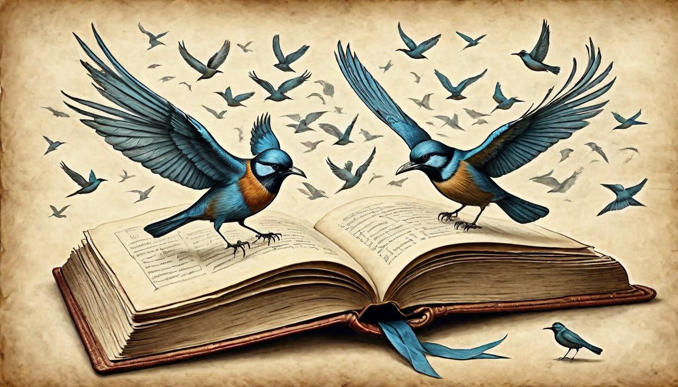  on parchment, surrealism+++, An open book with pages transforming into flying birds, each bird a trial overcome, chapters of growth, knowledge and enlightenment taking flight(mysterious, provocative, symbolic,muted color)+++