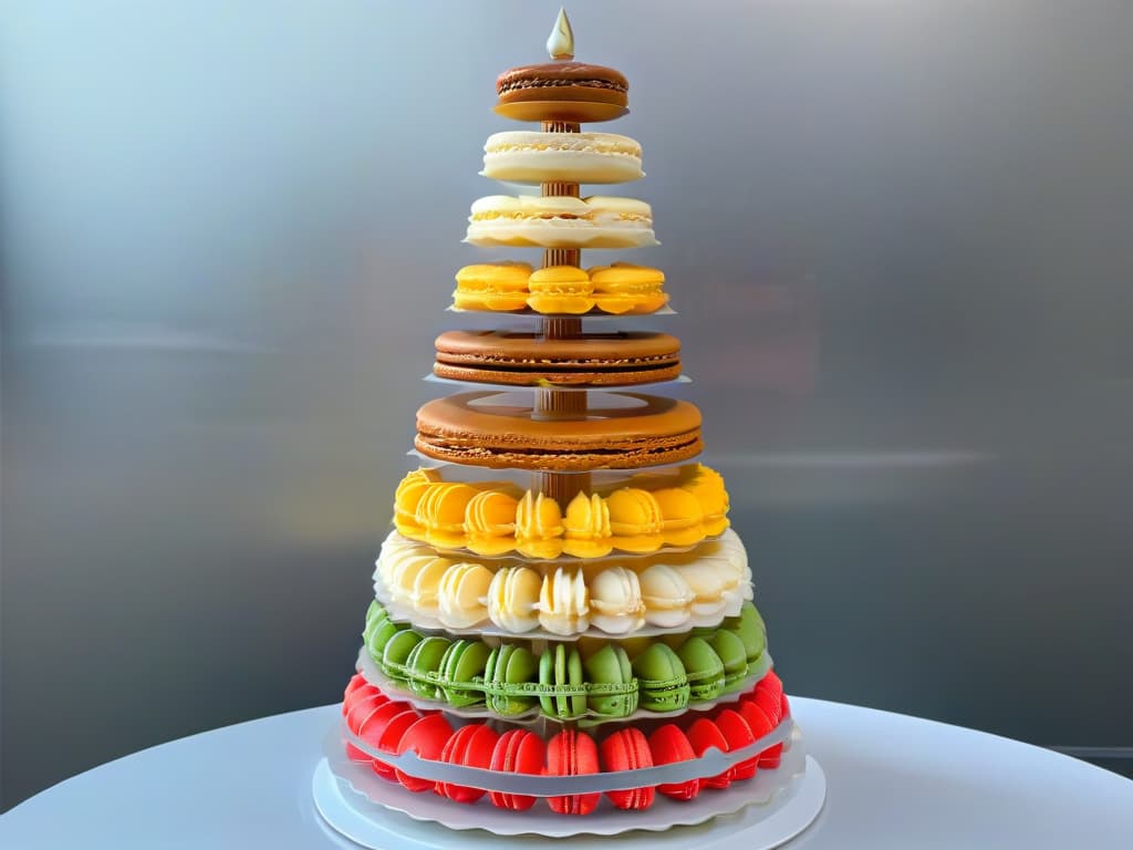  An ultradetailed closeup image of a delicate, intricately designed macaron tower showcasing a variety of flavors and colors. The macarons are perfectly arranged in a spiral formation, highlighting the precision and artistry of French pastry craftsmanship. Each macaron is flawlessly smooth with a glossy finish, creating a visually stunning and mouthwatering display that embodies the essence of international pastry excellence. hyperrealistic, full body, detailed clothing, highly detailed, cinematic lighting, stunningly beautiful, intricate, sharp focus, f/1. 8, 85mm, (centered image composition), (professionally color graded), ((bright soft diffused light)), volumetric fog, trending on instagram, trending on tumblr, HDR 4K, 8K