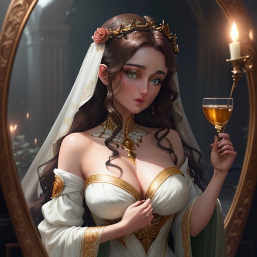  in a mirror a girl with bluish green eyes and wavy brown hair stands clasping a glass rose, she is surrounded by darkness from all directions. she's wearing a beautiful white gown stained with drops of blood from the breathtaking gold crown topping her head that is attached to her skull firmly causing blood to stream from the sides of her head hyperrealistic, full body, detailed clothing, highly detailed, cinematic lighting, stunningly beautiful, intricate, sharp focus, f/1. 8, 85mm, (centered image composition), (professionally color graded), ((bright soft diffused light)), volumetric fog, trending on instagram, trending on tumblr, HDR 4K, 8K