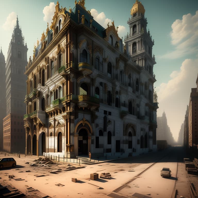  A RAW photo of Baroque rococo architecture, architectural photography, post apocalyptic New York, hyperrealism, [roots], hyperrealistic, octane render, cinematic, hyper detailed, 8K