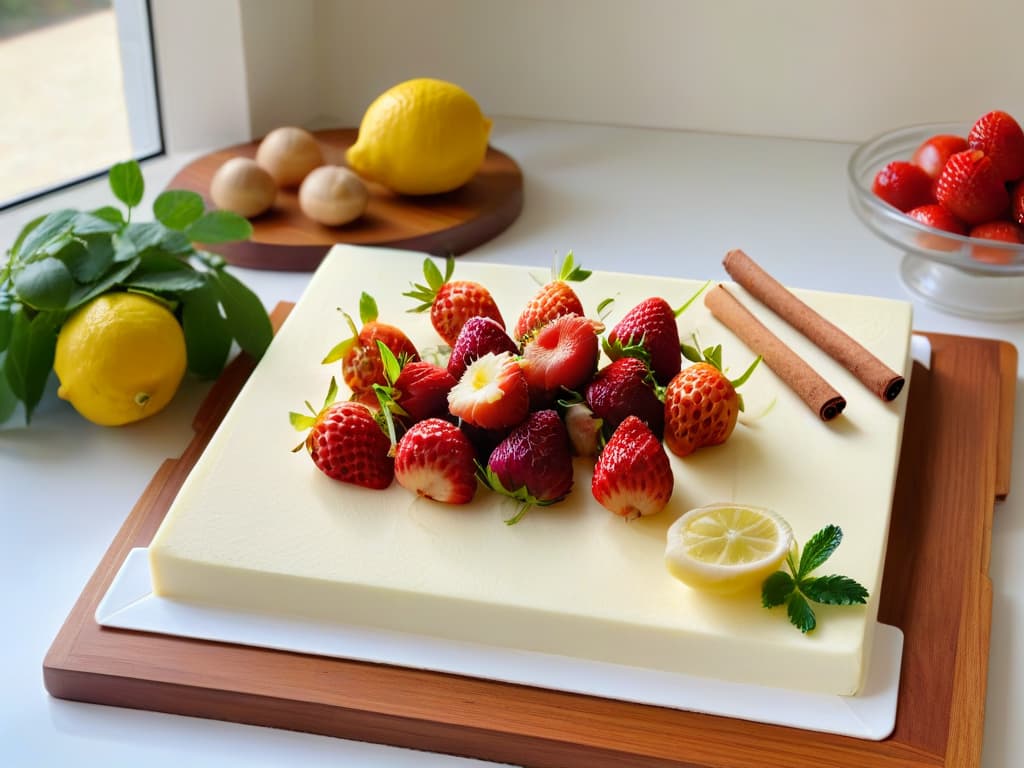  An elegant, minimalistic image of a pristine white kitchen countertop with a wooden cutting board displaying a variety of fresh, organic ingredients such as ripe strawberries, fragrant vanilla beans, vibrant lemons, and aromatic cinnamon sticks neatly arranged. The soft natural light filtering in through a nearby window casts a gentle glow on the ingredients, highlighting their colors and textures, creating a serene and inviting scene that evokes the essence of freshness and natural preservation in baking. hyperrealistic, full body, detailed clothing, highly detailed, cinematic lighting, stunningly beautiful, intricate, sharp focus, f/1. 8, 85mm, (centered image composition), (professionally color graded), ((bright soft diffused light)), volumetric fog, trending on instagram, trending on tumblr, HDR 4K, 8K