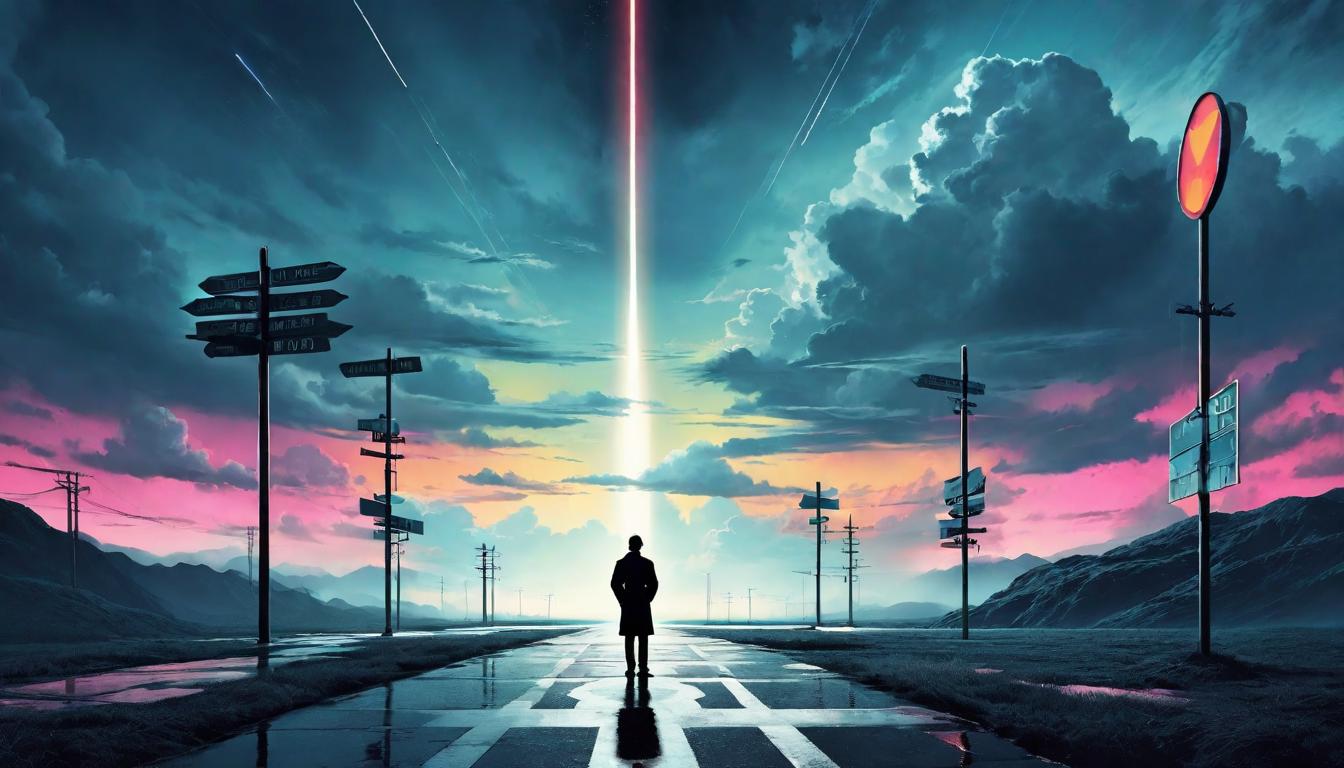  retro futuristic A person standing alone at a crossroads, silhouette against a dark cloudy sky, signposts pointing in different directions, feelings of uncertainty, struggle and choice, introspective mood lvintage sci fi, 50s and 60s style, atomic age, vibrant, highly detailed