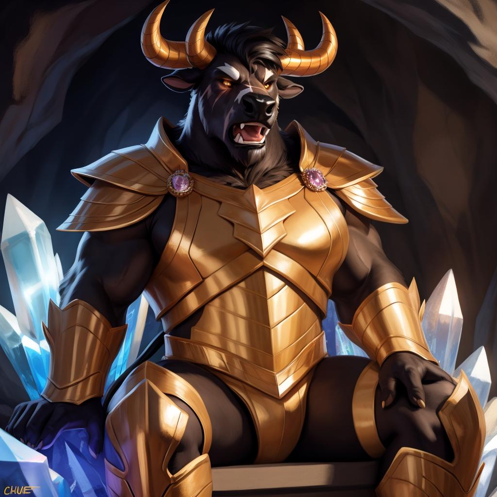  By chunie, by Meesh, 3d, portrait, full view, full body, detailed eyes, glowing eyes:2, sharp detail, masterpiece, crystallized amber horns:2, photorealistic:2, solo, anthro, male, black bull, scar on face, large muzzle, a black bull sitting on a crystal throne:2, large crystal cave( glowing crystal), roaring, angry face:2, yelling, serious face:2, rage, enraged:2, sparkling golden crystal armor:2, surrounded by glowing amber crystals:2, glowing crystals in background:2, ultra detailed glowing amber crystals, ultra detailed sparkling amber crystal armor:2, sfw, thick body:2, muscular body:2, large body:2, stare at the camera, open eyes, digital art, masterpiece, 4k, fine details,