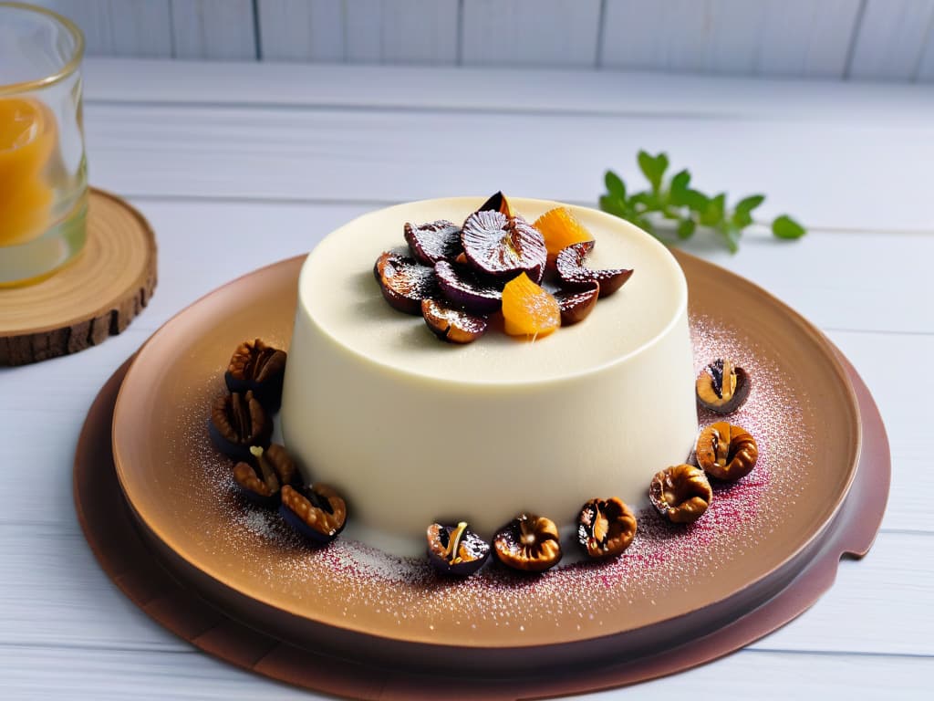  An ultradetailed image of a creamy panna cotta dessert elegantly set on a rustic wooden table, topped with a rich espresso coffee sauce and garnished with a generous sprinkle of caramelized walnuts. The dessert is presented on a delicate, handcrafted ceramic plate, with intricate floral patterns that enhance the luxurious feel of the dish. The lighting is soft, casting gentle shadows that highlight the smooth texture of the panna cotta and create a warm, inviting atmosphere. This photorealistic image captures the essence of indulgence and sophistication, perfectly complementing the upscale tone of the article. hyperrealistic, full body, detailed clothing, highly detailed, cinematic lighting, stunningly beautiful, intricate, sharp focus, f/1. 8, 85mm, (centered image composition), (professionally color graded), ((bright soft diffused light)), volumetric fog, trending on instagram, trending on tumblr, HDR 4K, 8K