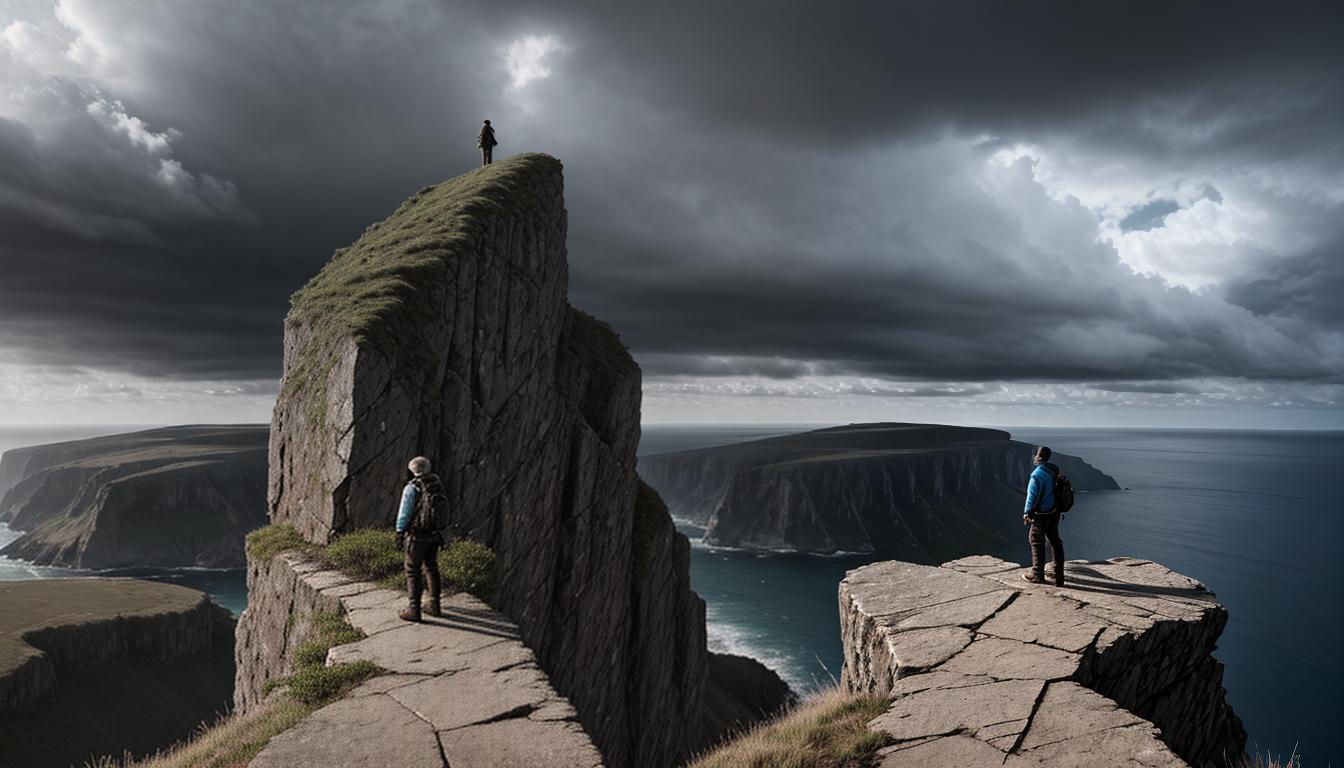  cinematic, aesthetic, a figure standing confidently on a cliff edge, gazing toward an approaching storm, strong stance, wind buffeting clothes, aura of determination, rugged landscape, sense of challenge, anticipation, 4k, HDR, lens flare