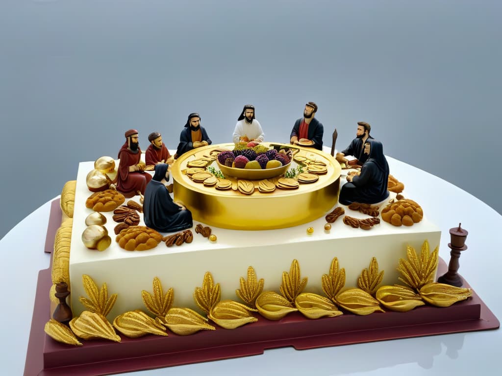  An ultradetailed closeup image of a beautifully crafted dessert platter inspired by the Last Supper, featuring miniature edible replicas of the iconic figures seated around a table laden with historically accurate treats. Each intricately designed dessert reflects the attire and characteristics of the apostles, set against a sleek, modern backdrop to create a striking contrast between the ancient theme and contemporary presentation. The desserts are meticulously decorated with gold leaf and intricate patterns, showcasing a blend of artistry and culinary skill in a visually captivating composition. hyperrealistic, full body, detailed clothing, highly detailed, cinematic lighting, stunningly beautiful, intricate, sharp focus, f/1. 8, 85mm, (centered image composition), (professionally color graded), ((bright soft diffused light)), volumetric fog, trending on instagram, trending on tumblr, HDR 4K, 8K