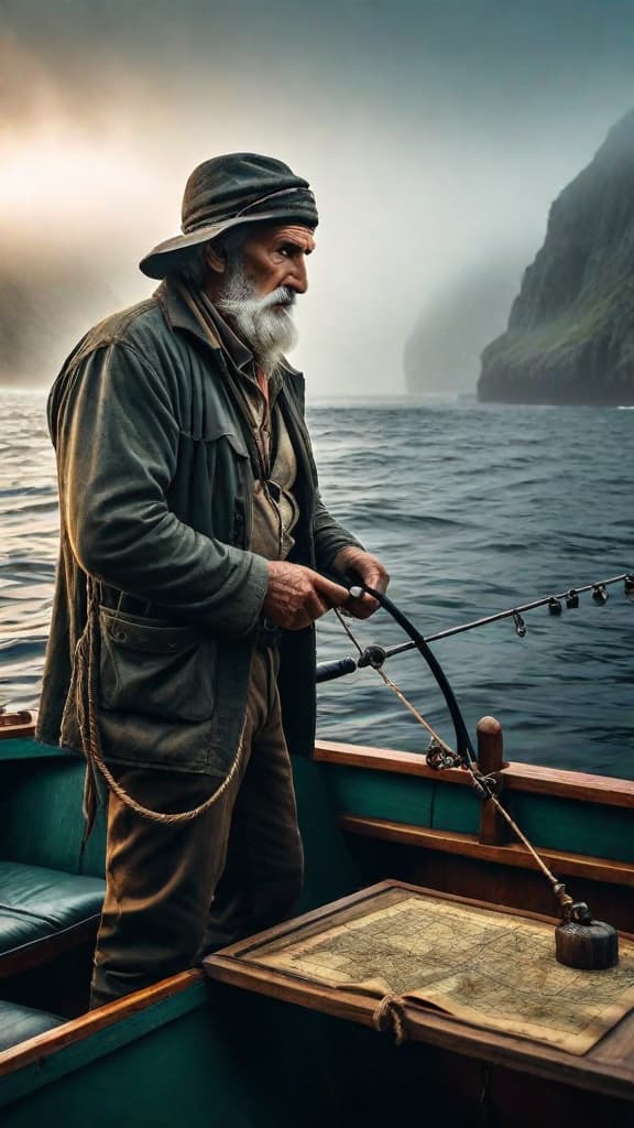  (A small fishing boat navigating through a thick mist on a calm, reflective sea. In the boat, an elderly fisherman with a weathered face carefully examines an ornate, sea soaked bottle containing a parchment map marked with mysterious symbols, indicating the location of an ancient pirate treasure hidden in a cove on a nearby island.) hyperrealistic, full body, detailed clothing, highly detailed, cinematic lighting, stunningly beautiful, intricate, sharp focus, f/1. 8, 85mm, (centered image composition), (professionally color graded), ((bright soft diffused light)), volumetric fog, trending on instagram, trending on tumblr, HDR 4K, 8K