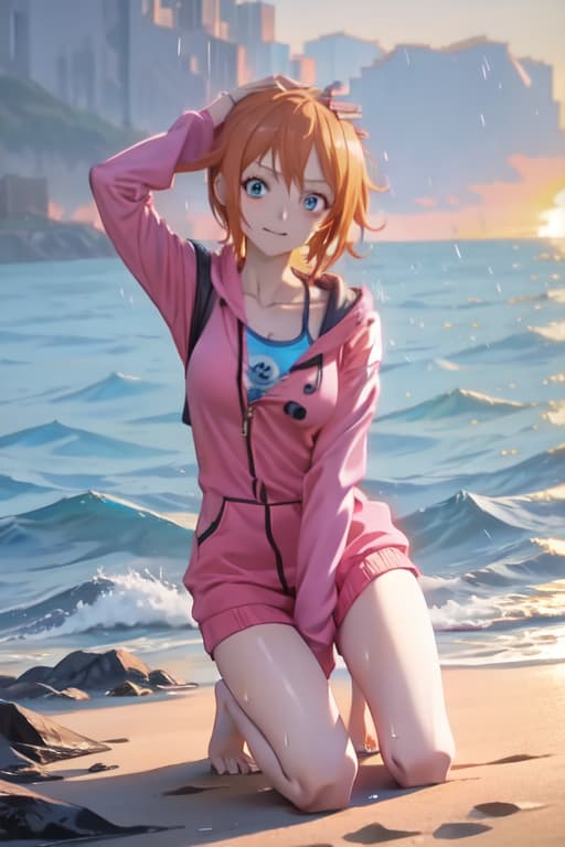  Nami from one piece tweaking in the rain on a beach, full body