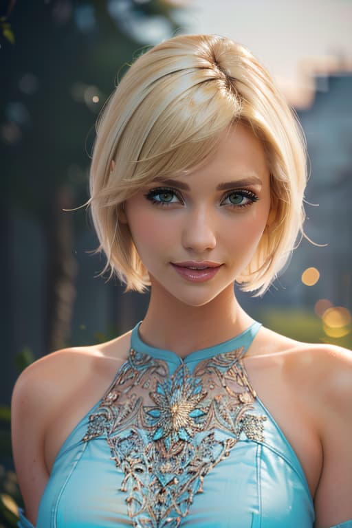  1girl,1girl,blonde short hair,straight hair,upper body shot,shirt,smile hyperrealistic, full body, detailed clothing, highly detailed, cinematic lighting, stunningly beautiful, intricate, sharp focus, f/1. 8, 85mm, (centered image composition), (professionally color graded), ((bright soft diffused light)), volumetric fog, trending on instagram, trending on tumblr, HDR 4K, 8K